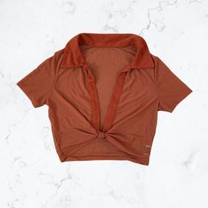 🍐3/$20🍐 Orange Mesh Collared Short-Sleeve Crop Top Beach Cover-Up